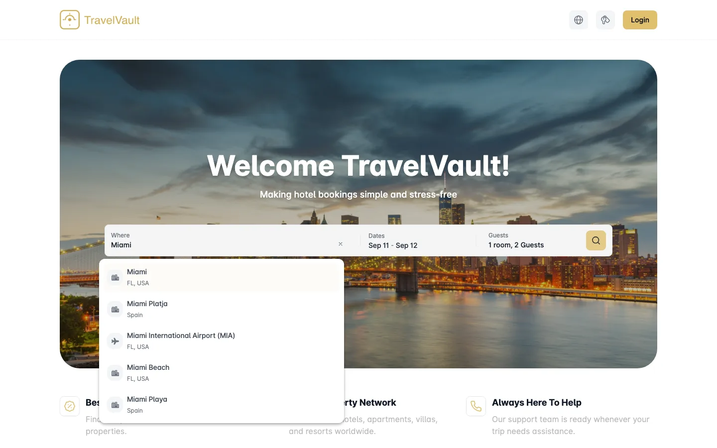 Search bar on the branded booking site with destination suggestions for Miami: Miami FL, Miami Beach FL, Miami International Airport