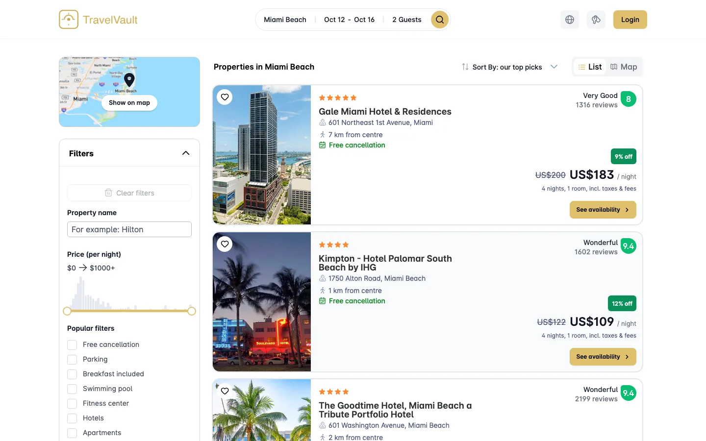 Results for Miami Beach, Oct 12 to 16: hotel cards with star rating, guest score, free-cancellation label, nightly rate and struck-through reference rate