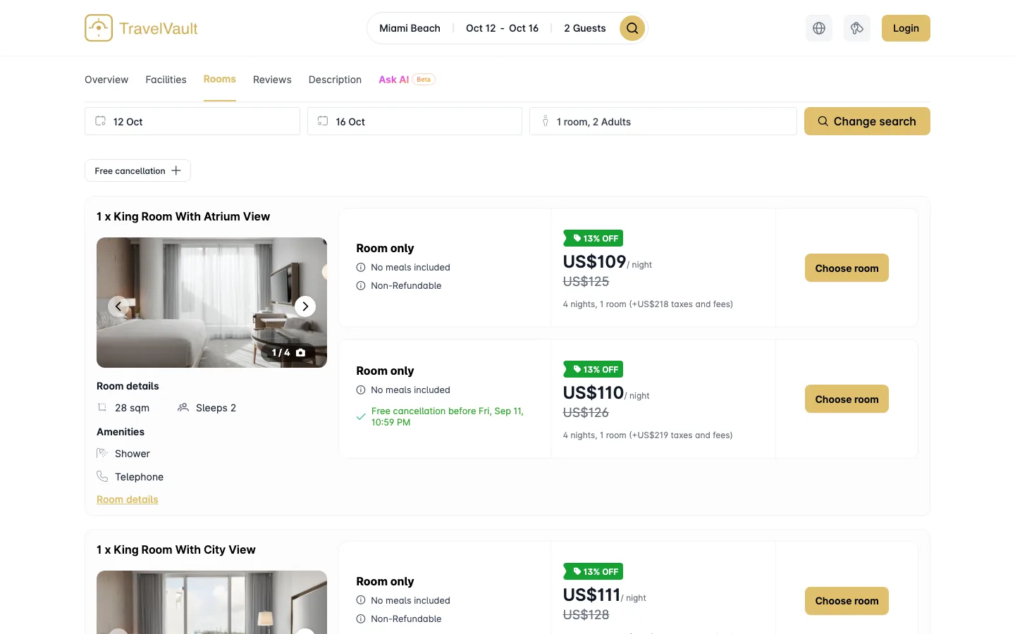 Room list for one hotel showing two rates for the same room: a non-refundable rate at US$109 per night and a free-cancellation rate at US$110 per night with its deadline