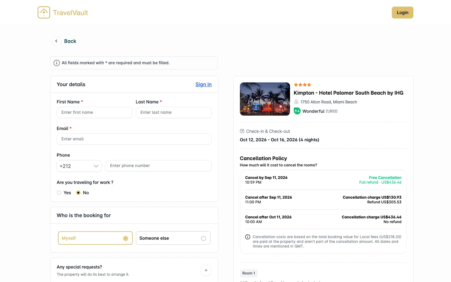 Checkout page with guest details on the left and, on the right, the hotel summary and a cancellation timeline: cancel by Sep 11 full refund, after Sep 11 partial charge, after Oct 11 no refund, then total and pay-now versus pay-at-property split